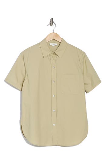 Vince Short Sleeve Cotton Poplin Button-up Shirt In Sepia