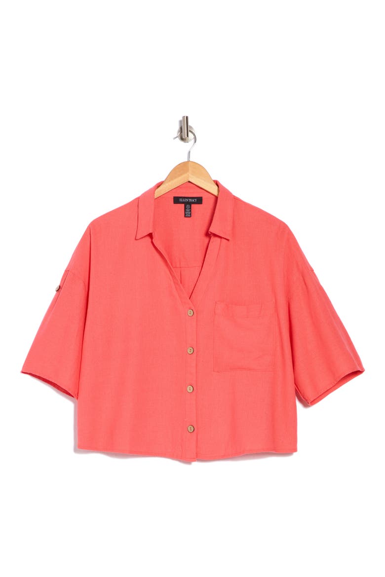 Boxy Short Sleeve Crop Button-Up Shirt, Alternate, color, CORAL