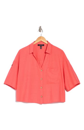 Ellen Tracy Boxy Short Sleeve Crop Button-up Shirt In Coral