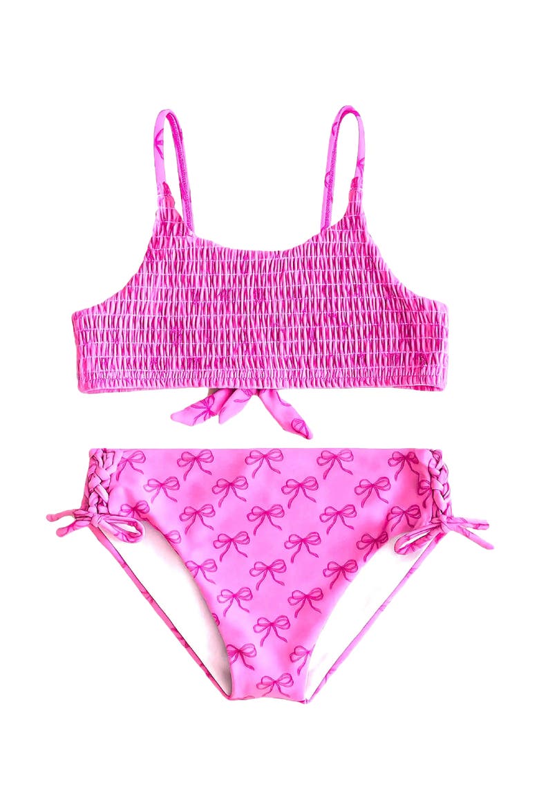Bow Printed Smocked Bikini Swimsuit, Main, color, Orchid