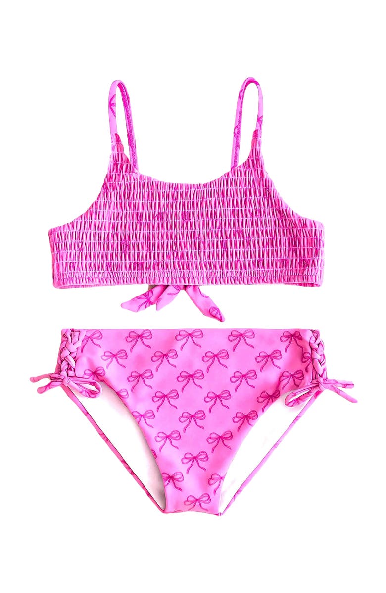 Limeapple Bow Printed Smocked Bikini Swimsuit, Main, color, Orchid