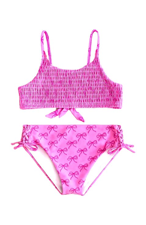 Bow Printed Smocked Bikini Swimsuit