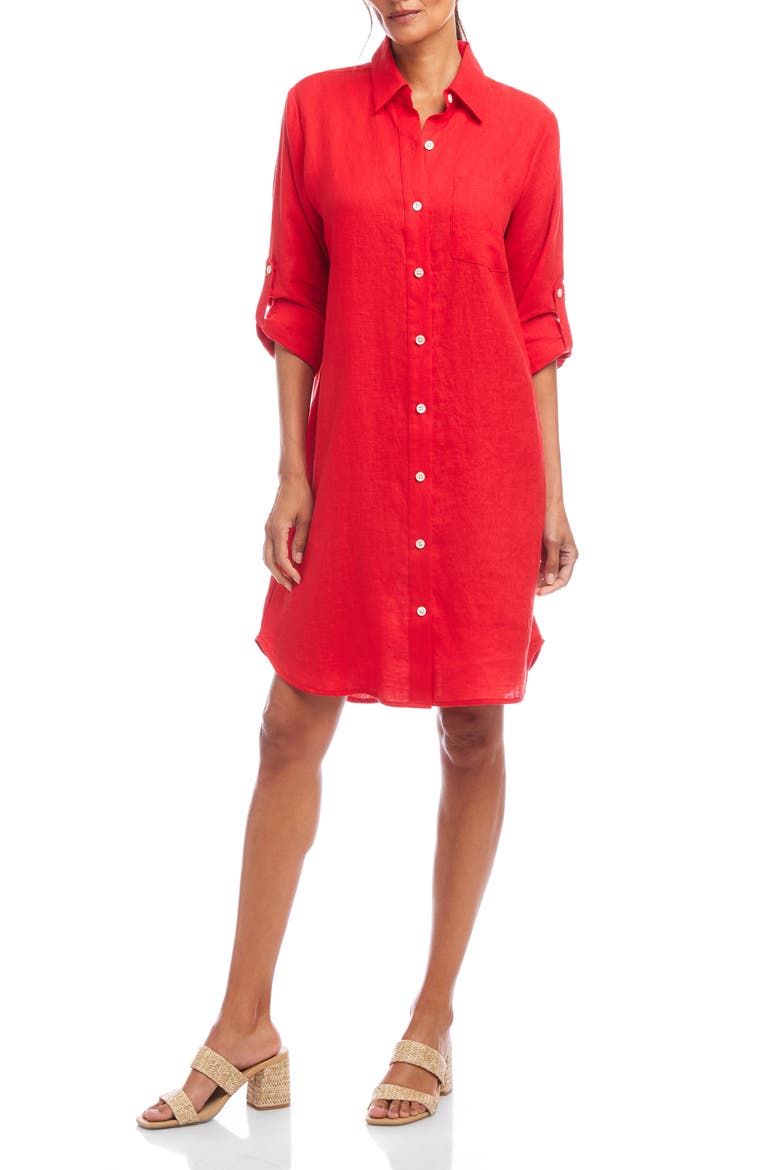 Long Sleeve Linen Shirtdress, Main, color, RED