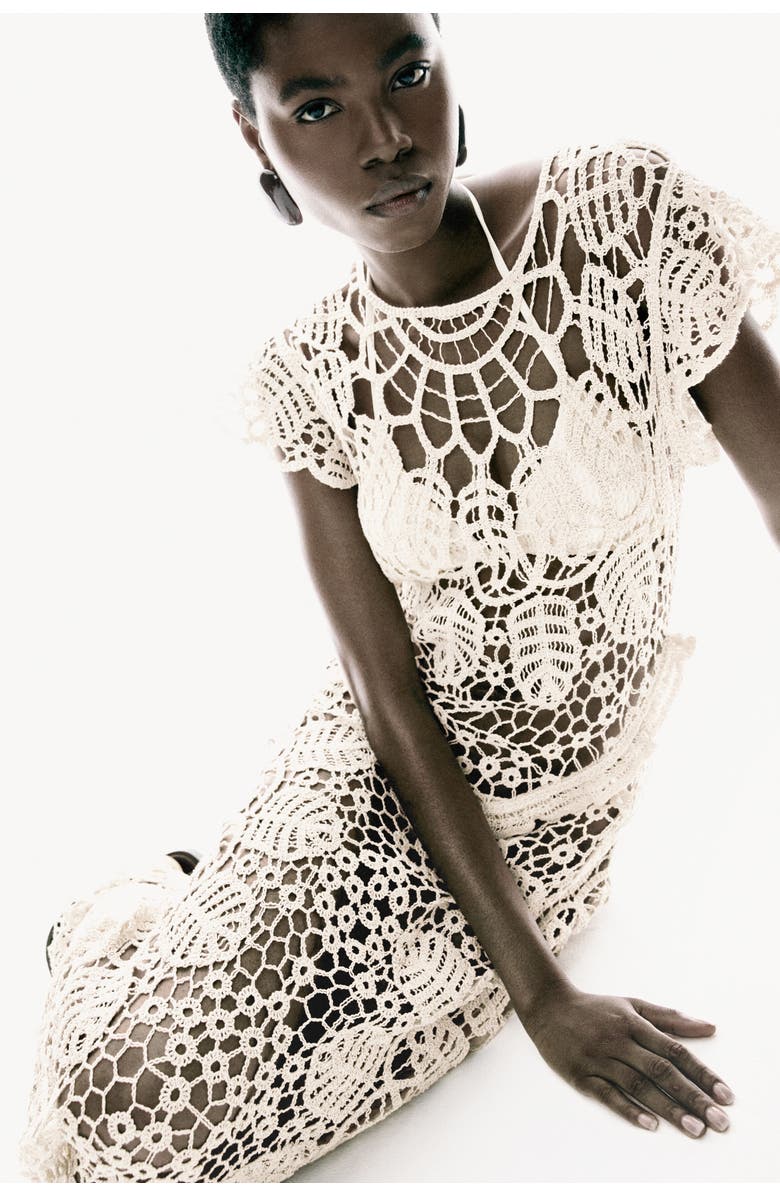 H&M Flutter-sleeved Crochet-look Dress, Alternate, color, Cream
