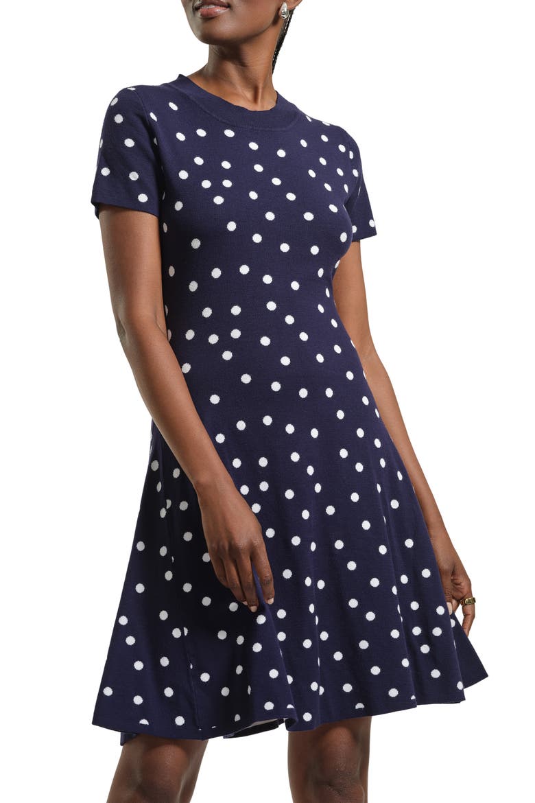Polka Dot Fit & Flare Sweater Dress, Main, color, NAVY/ WHITE