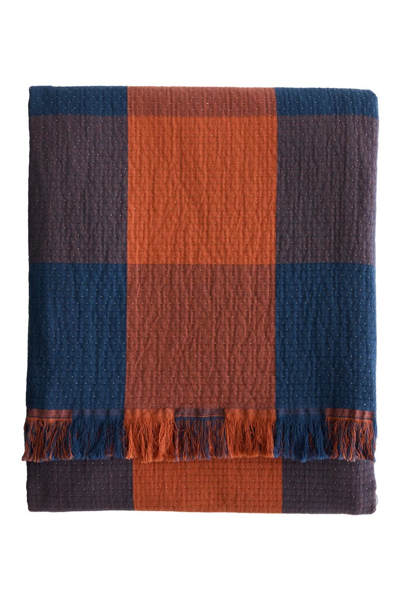 Reversible Fringe Organic Cotton Throw, Main, color, COPPER/ INDIGO