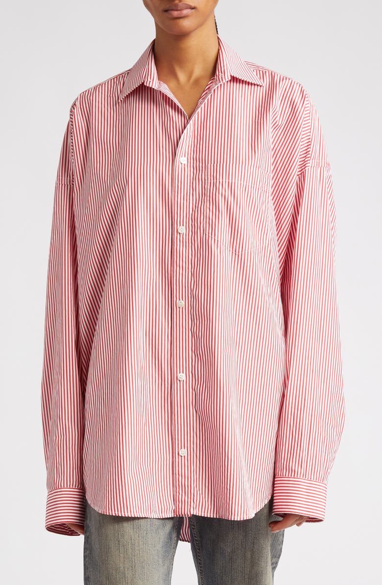 Balenciaga Oversize Logo Stripe Cotton Button-Up Cocoon Shirt, Main, color, 