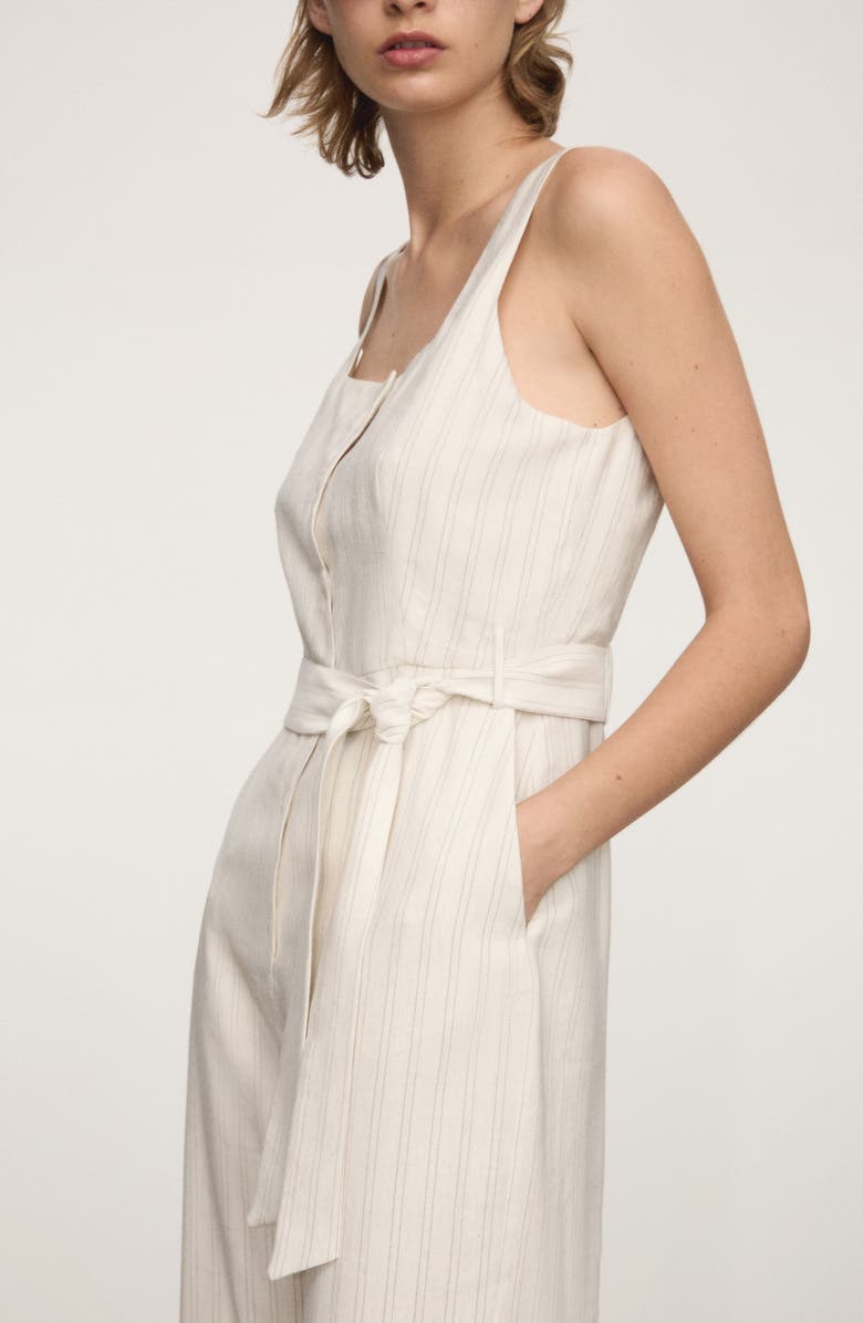 MANGO Stripe Tie Belt Jumpsuit, Alternate, color, Off White