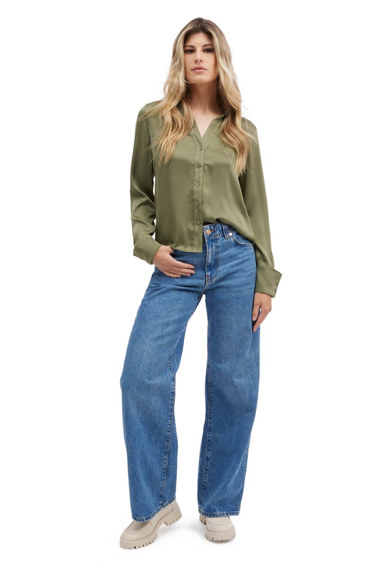 Satin Button-Up Shirt, Alternate, color, OLIVE