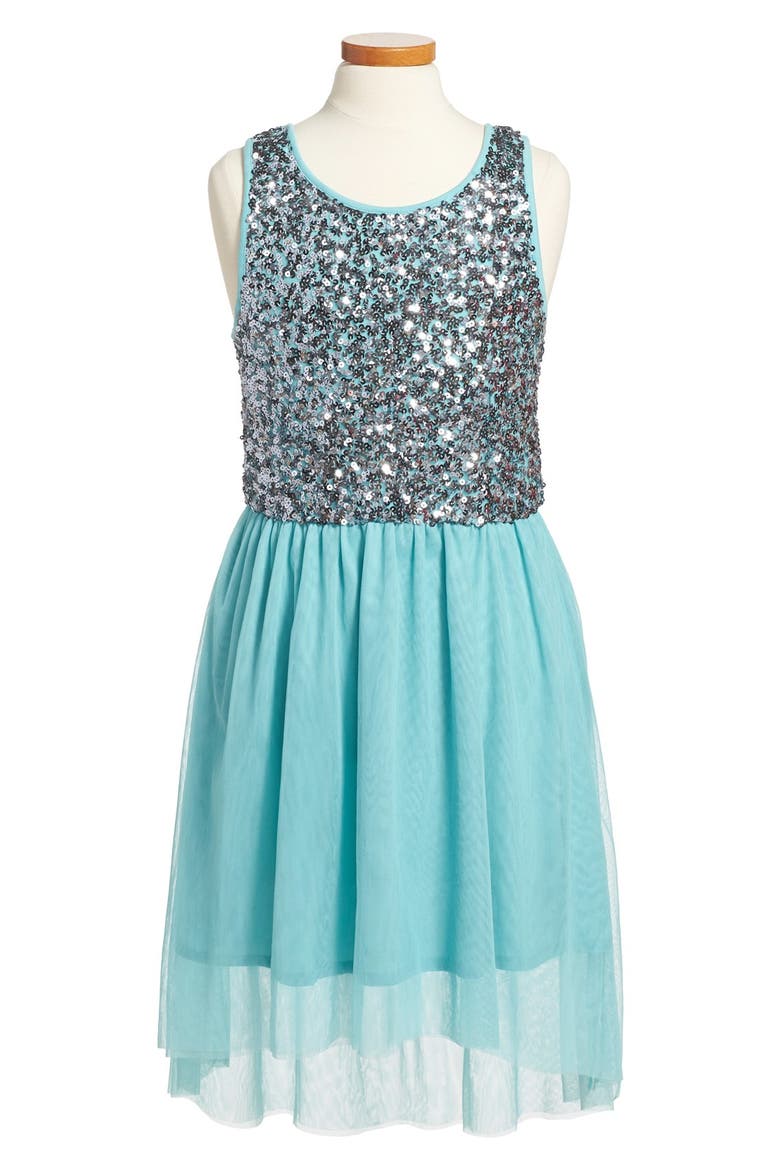 'Coralie' Sequin High/Low Dress, Main, color, BLUE MERCHANT