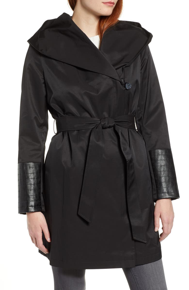 Via Spiga Faux Leather Trim Rain Jacket, Main, color, 
