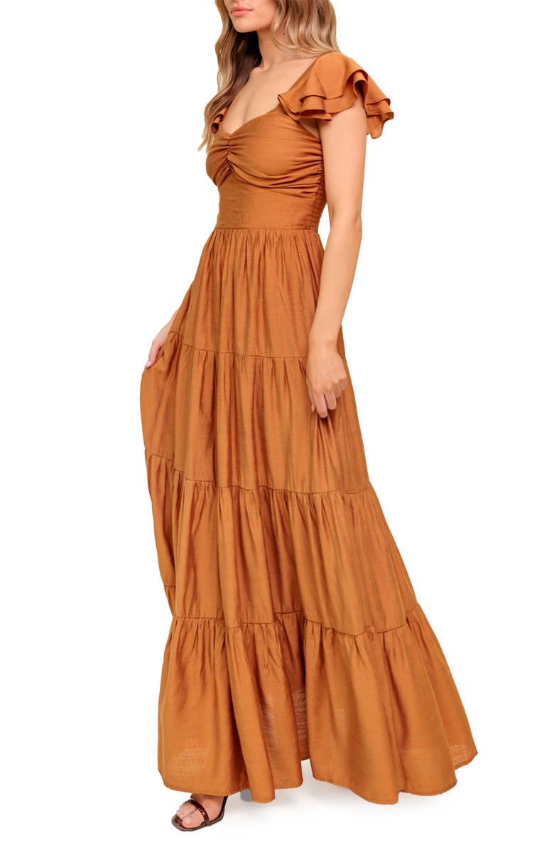 FLYING TOMATO Flutter Sleeve Tiered Maxi Dress, Alternate, color, Rust