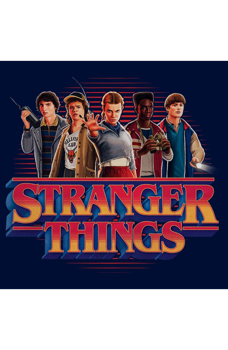 Stranger Things Boy's Stranger Things Retro Friend Group Main Logo Graphic T-Shirt, Alternate, color, Navy Blue