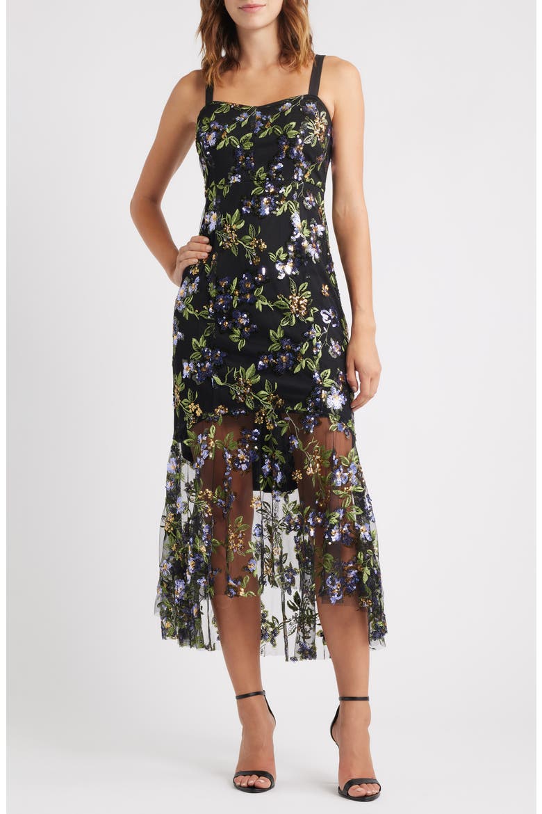 Flower Sequin Embroidered Midi Dress, Main, color, BLACK LAVANDER