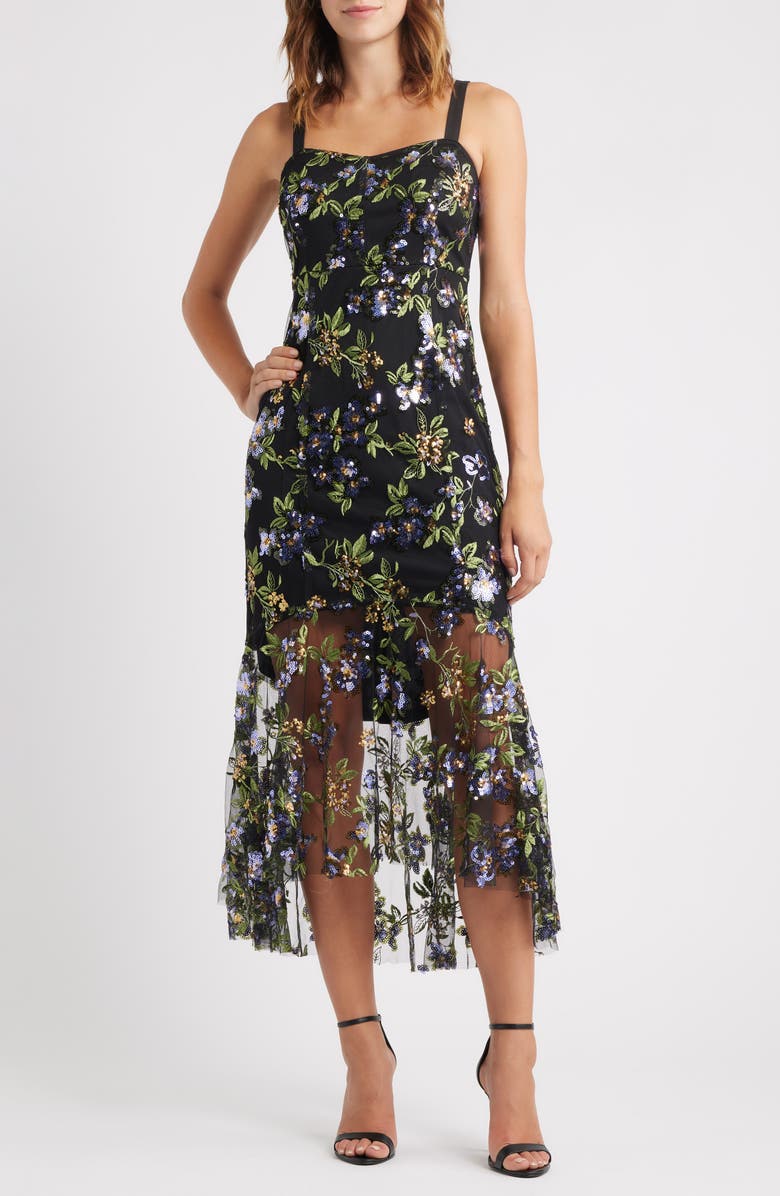 Sam Edelman Flower Sequin Embroidered Midi Dress, Main, color, Black Lavander