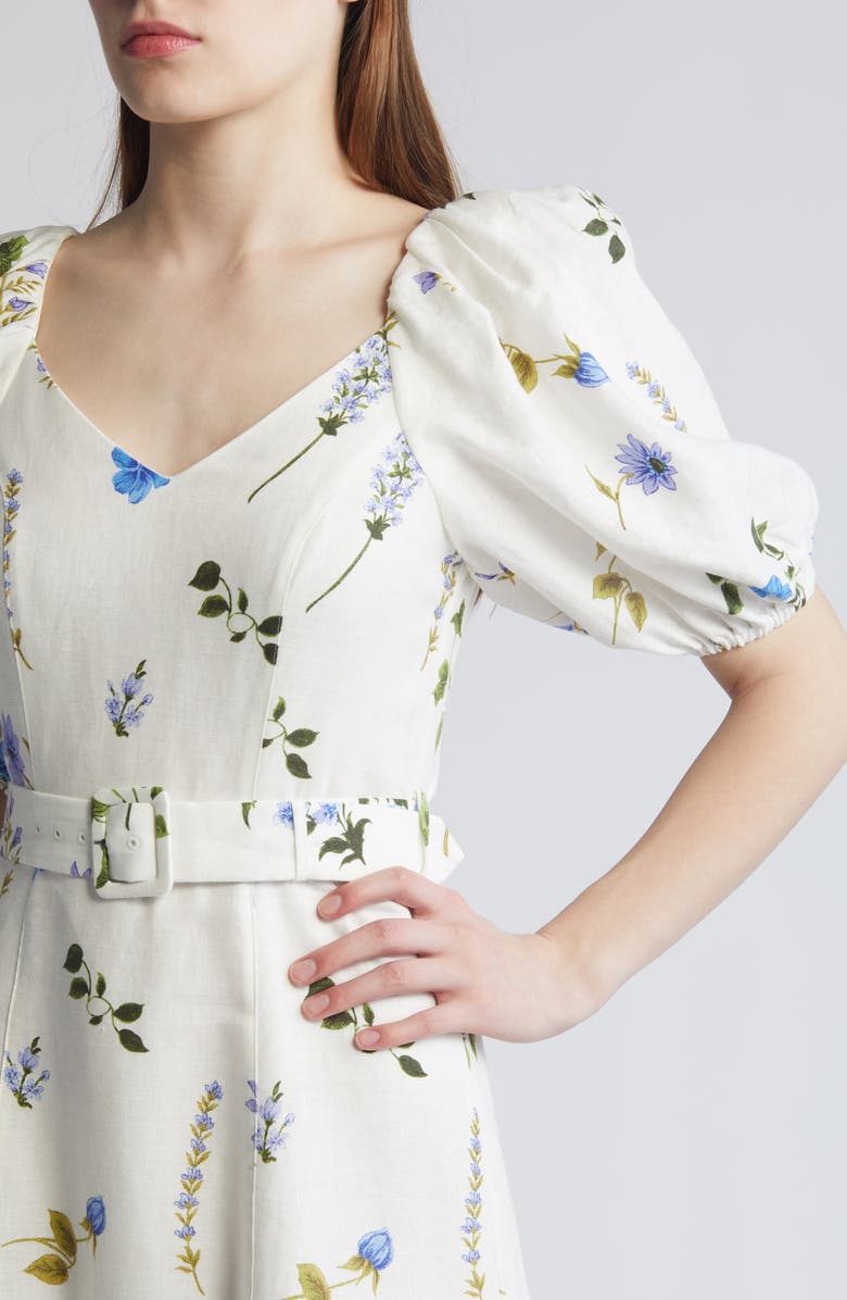& Other Stories Floral Belted Puff Sleeve Linen Midi Dress, Alternate, color, 