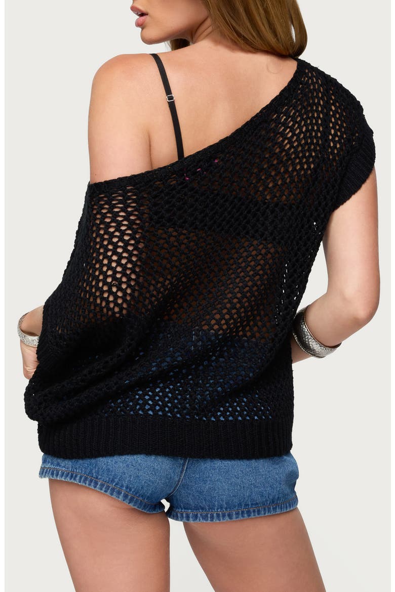 Trix One-Shoulder Open Stitch Sweater, Alternate, color, BLACK