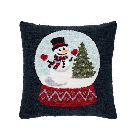 Snowman and Christmas Tree in Snowglobe Holiday Winter Hooked Pillow Accent Throw Pillow, 18" x 18"