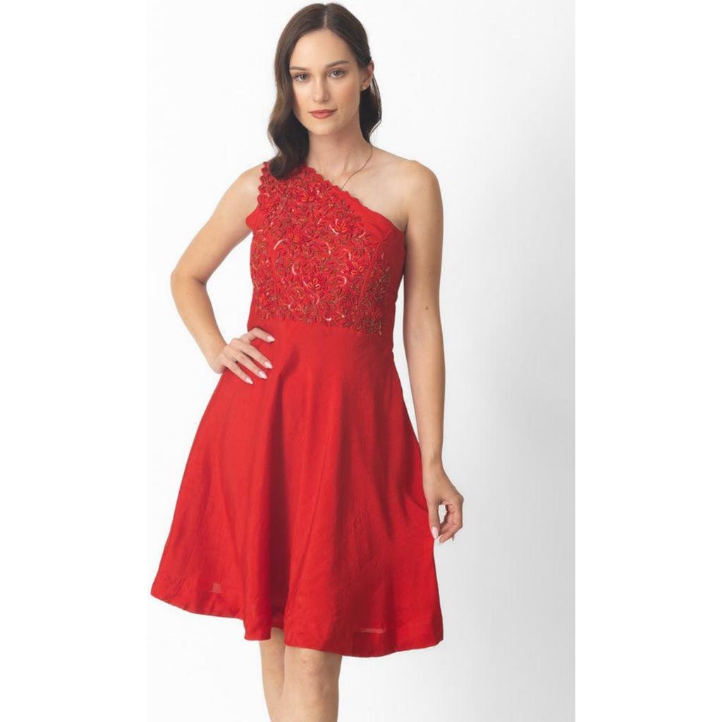 RAAS Aerin Raw Silk One-Shoulder Short Dress in Red  product