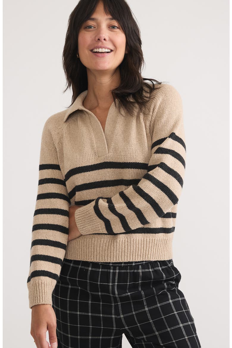 Claire Stripe Wool & Cotton Polo Sweater, Alternate, color, NEUTRAL