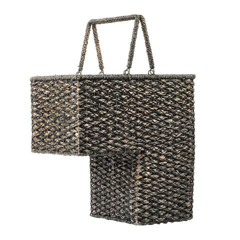 Woven Bankuan and Rattan Stair Basket with Handles, Black