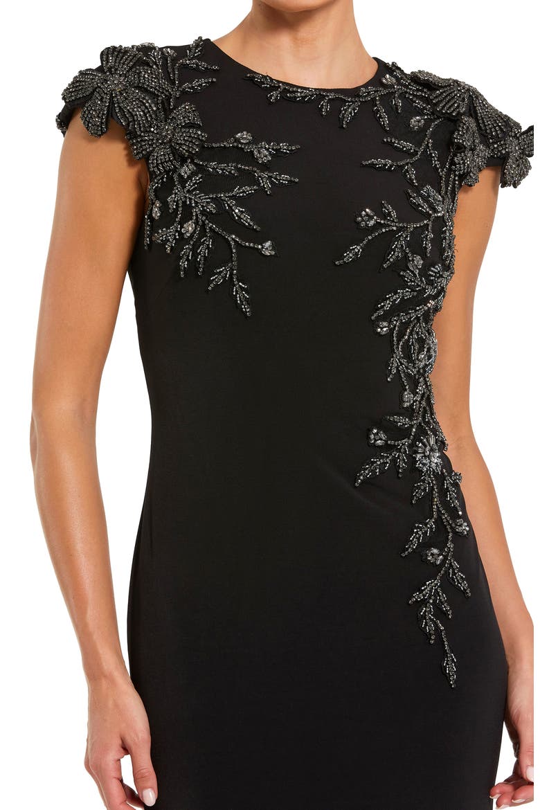 Jersey Cap Sleeve Fitted Gown With Beaded Flowers, Alternate, color, Black Multi
