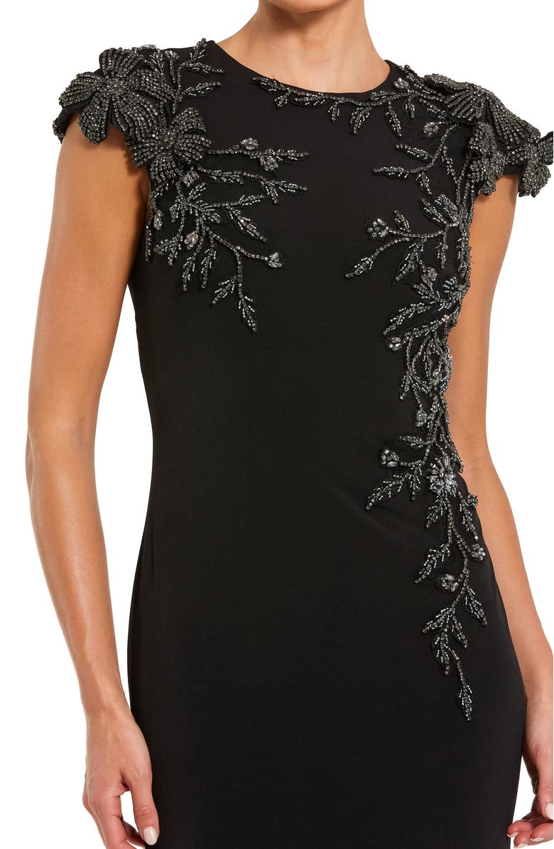 Mac Duggal Jersey Cap Sleeve Fitted Gown With Beaded Flowers, Alternate, color, Black Multi