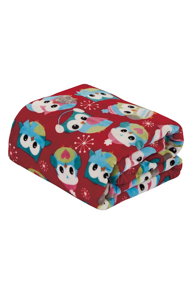 Luxury Home Holiday Owl Plush Fleece Throw Blanket, Main, color, Red