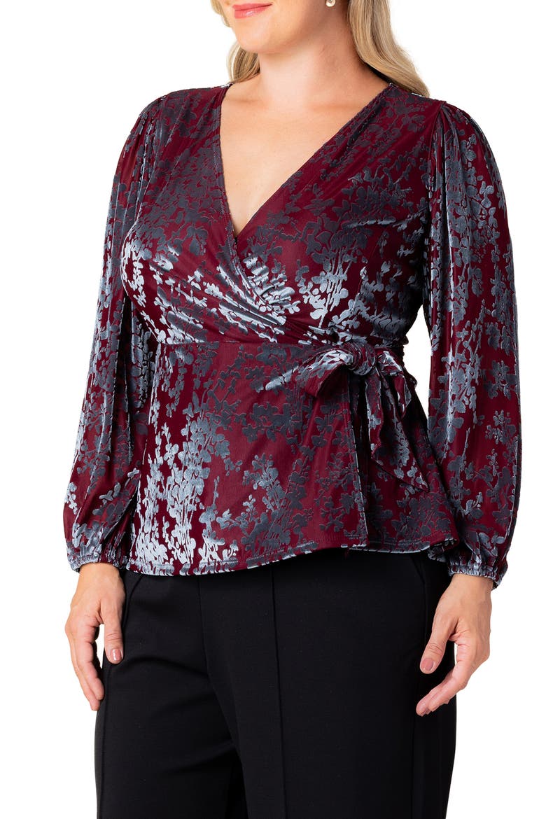Loretta Burnout Velvet Wrap Top, Alternate, color, BURGUNDY FROSTED BRANCHES