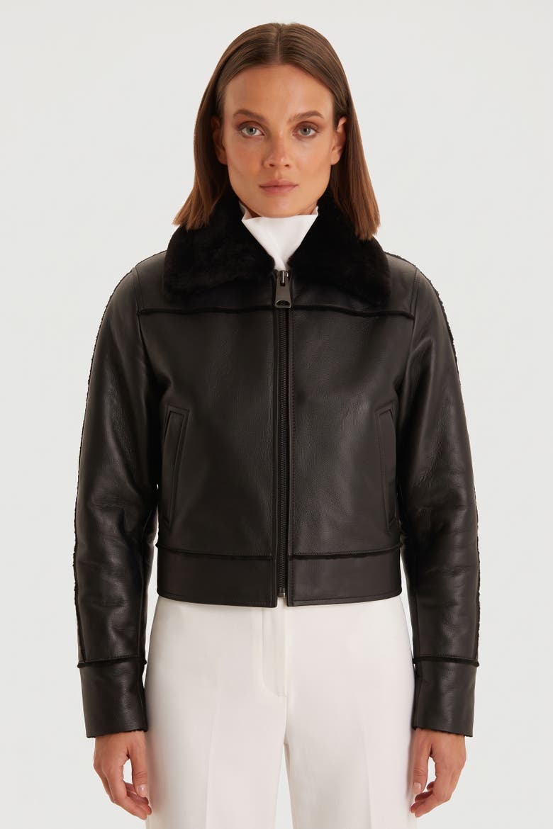 Clara Cropped Leather Shearling Jacket, Alternate, color, Black