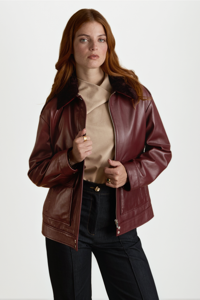 Alma Leather Jacket, Alternate, color, Burgundy
