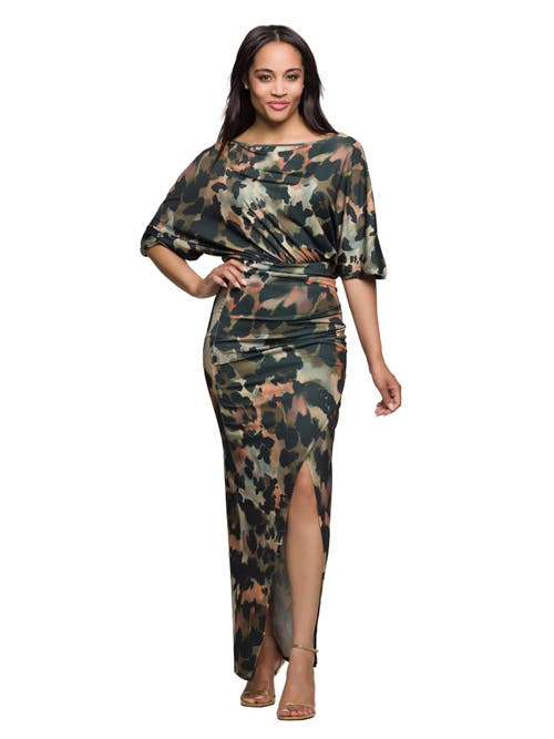 24seven Comfort Apparel Abstract Print Batwing Sleeve Maxi Dress with Slit in Green Multi  product