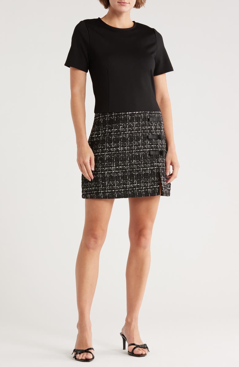 Ellen Tracy Bow Detail Mixed Media Dress, Main, color, Black