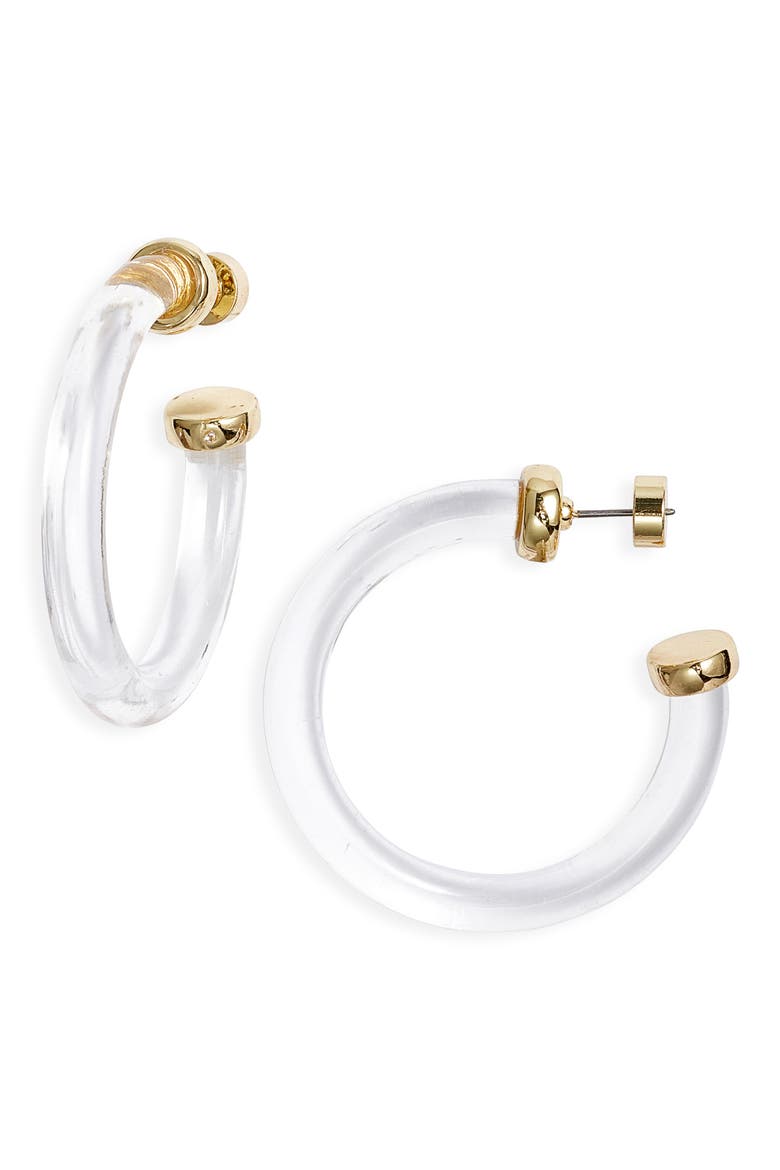 Resin Tube Hoop Earrings, Main, color, CLEAR- GOLD