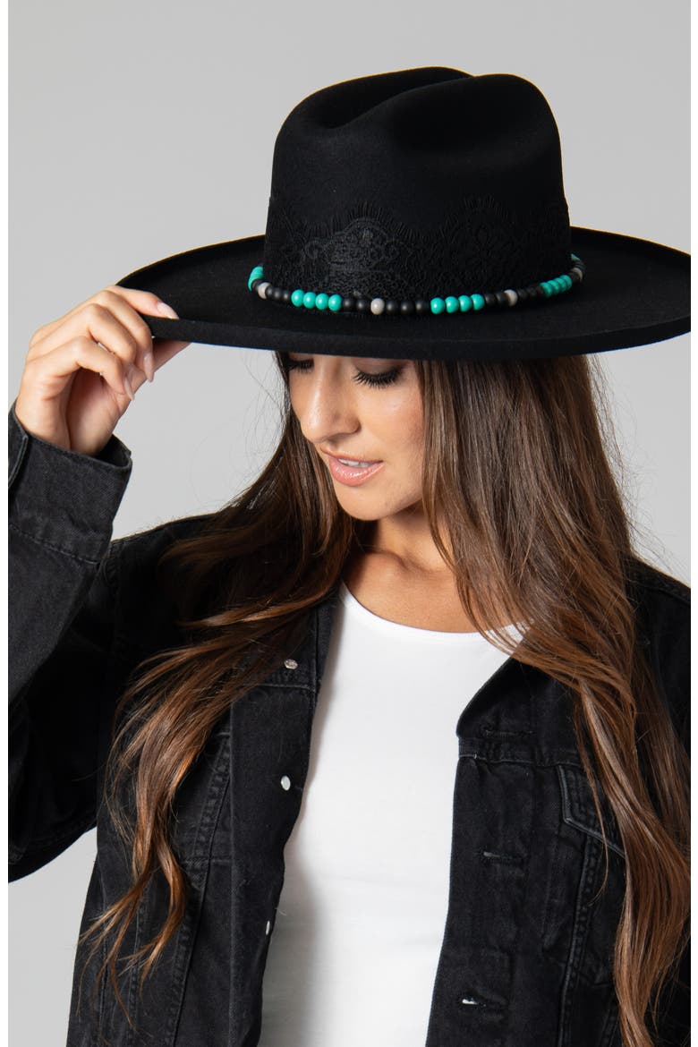 Lace Trim Wool Felt Fedora Hat, Alternate, color, BLACK