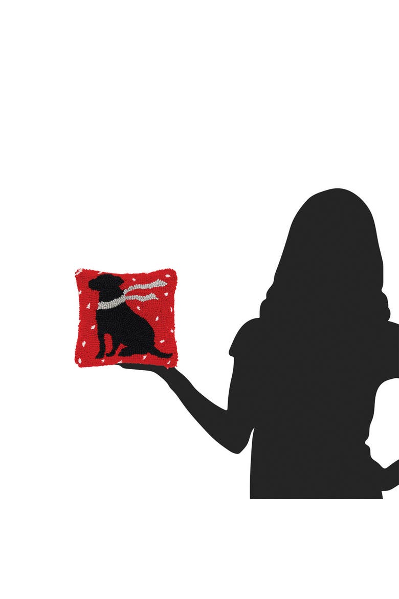 Winter Christmas Black Dog with Scarf Silhouette Mini Hooked Accent Pillow 8" x 8", Alternate, color, Red