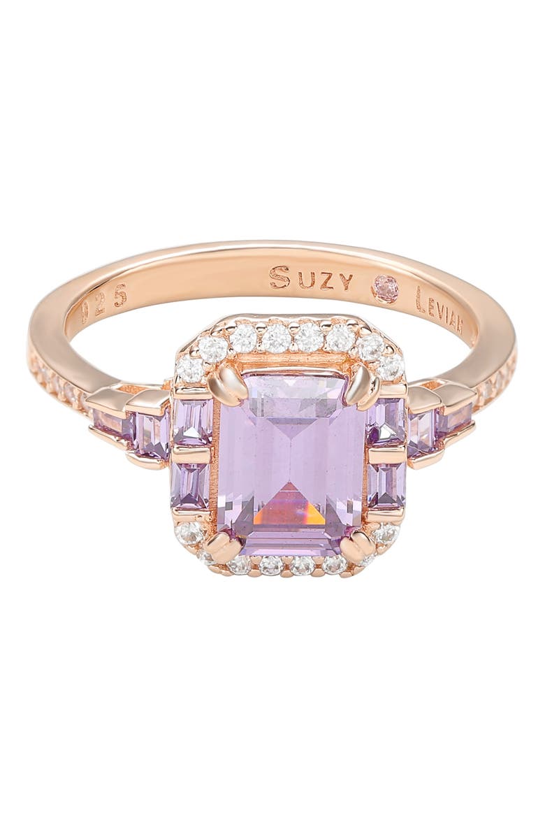 Rose Gold Plated Sterling Silver Emerald CZ Ring, Alternate, color, PURPLE