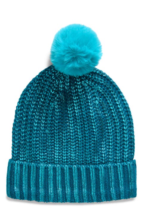 Metallic Foil Beanie with Faux Fur Pompom