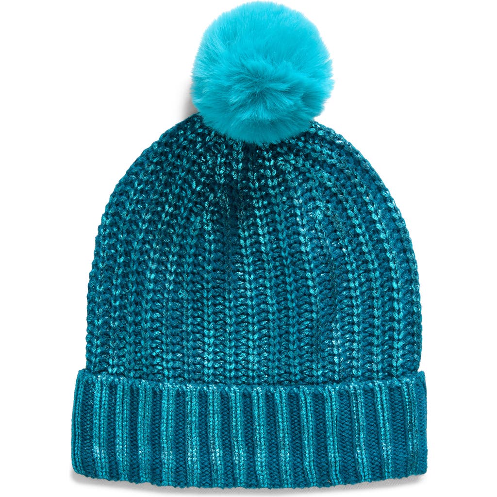 FRESHMAN FRESHMAN METALLIC FOIL BEANIE WITH FAUX FUR POMPOM