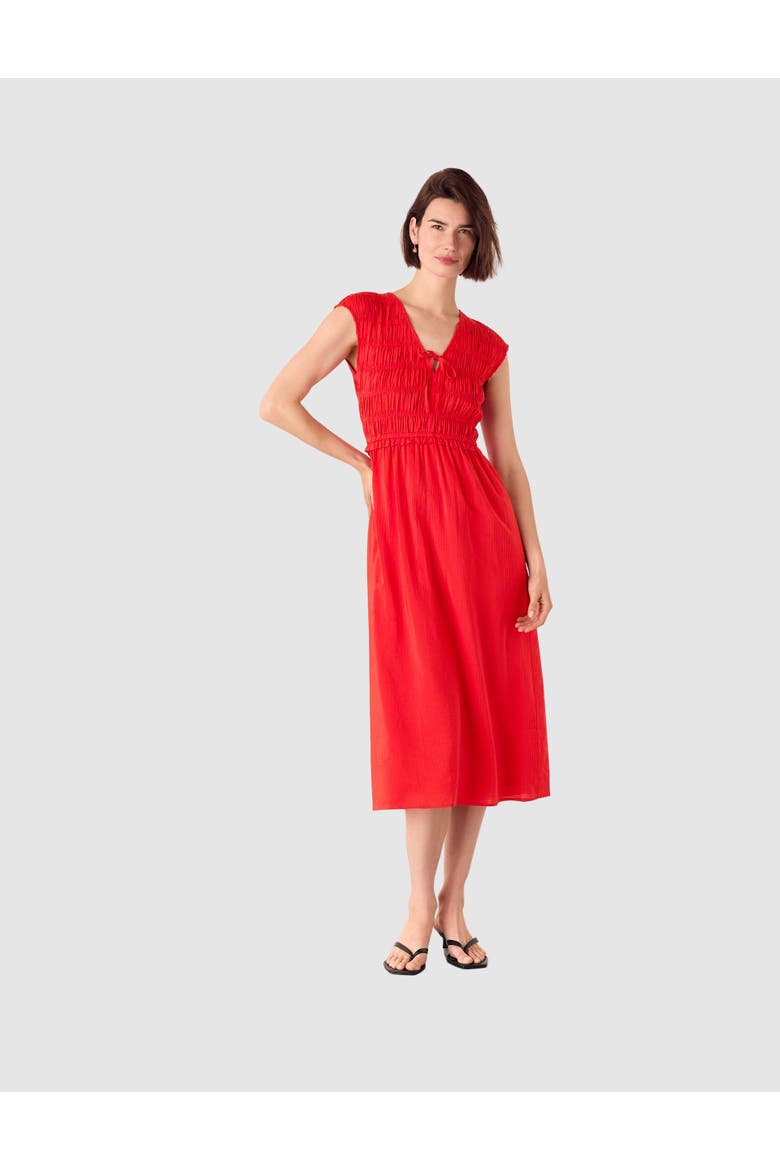 Shirred Bodice V-Neck Midi Dress, Main, color, Red