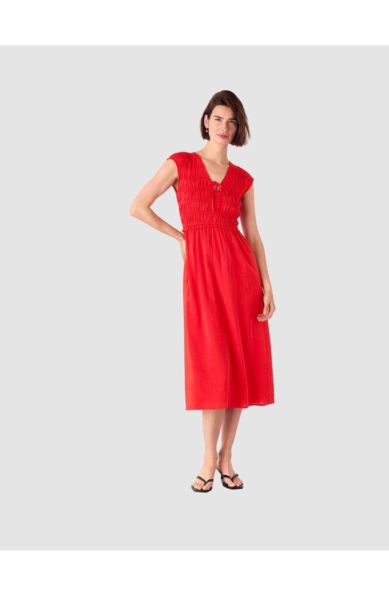 Whistles Shirred Bodice V-Neck Midi Dress, Main, color, Red