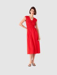 Whistles Shirred Bodice V-Neck Midi Dress