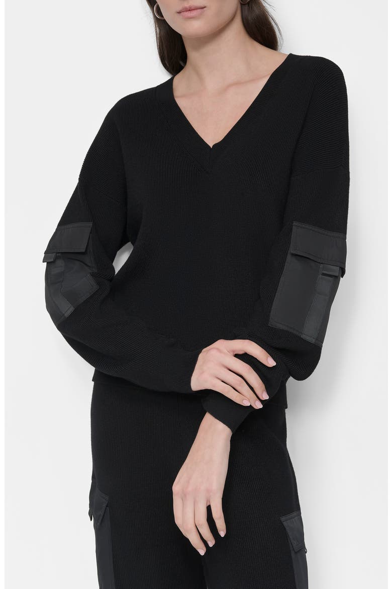 Cargo Sleeve Rib Sweater, Alternate, color, BLACK