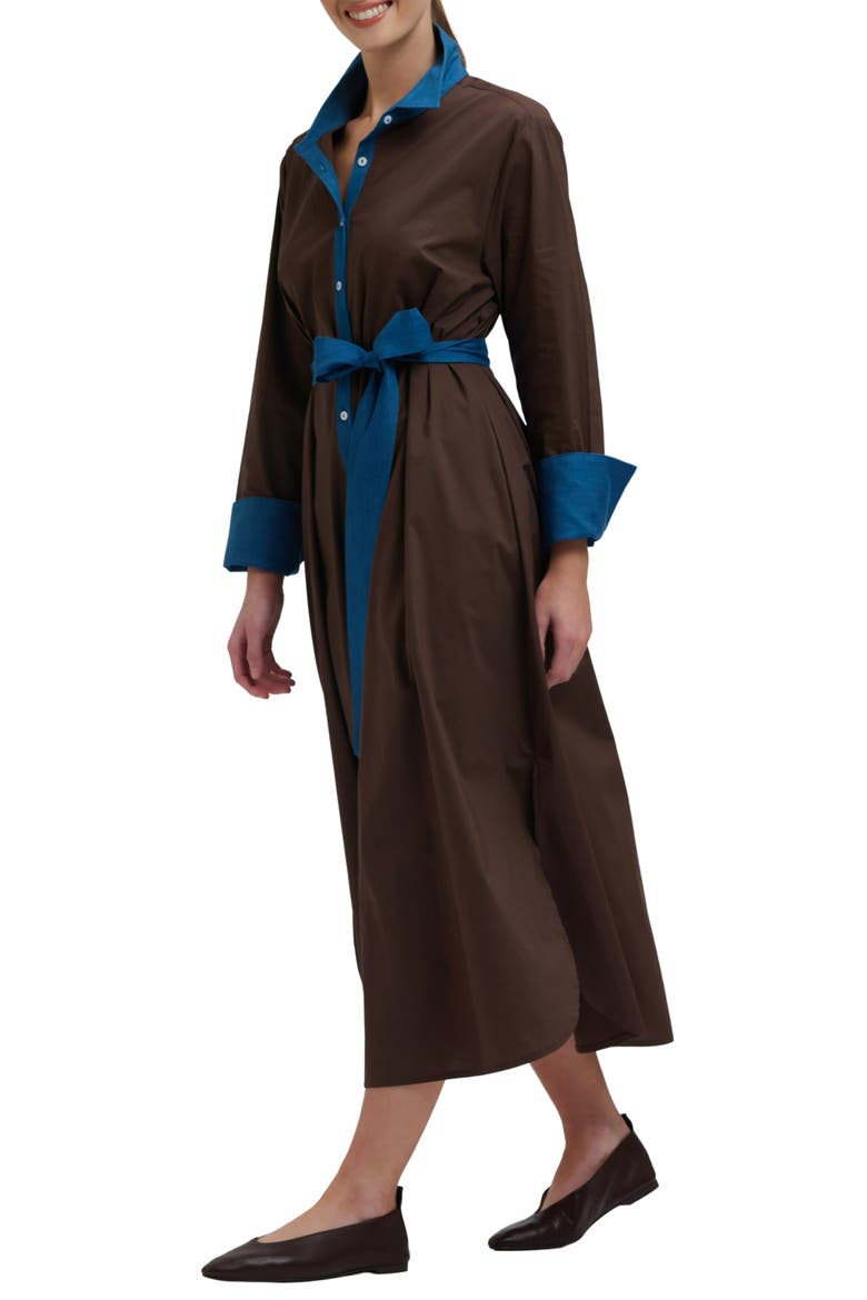 Denim Trimmed Cotton Shirtdress, Alternate, color, CHOCOLATE