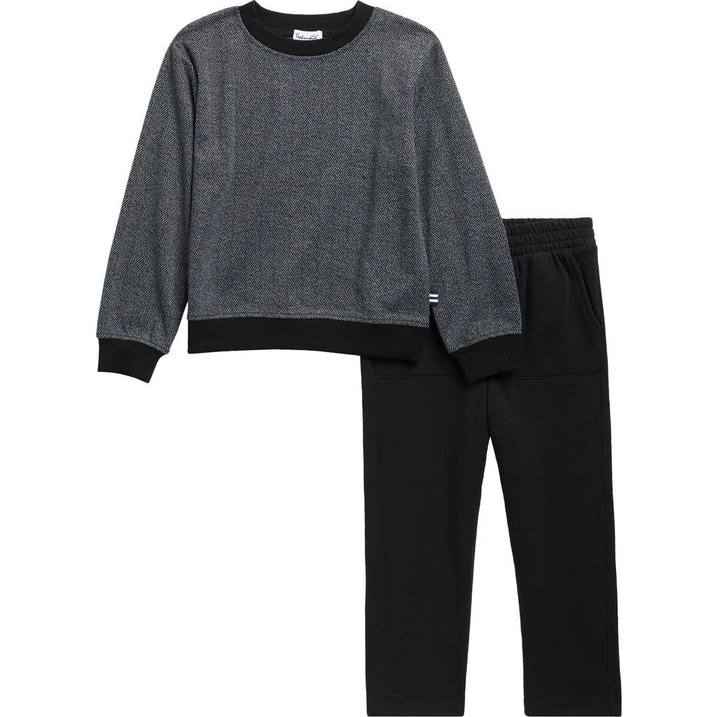 Splendid Kids' Herringbone Crewneck Sweatshirt & Joggers Set In Black