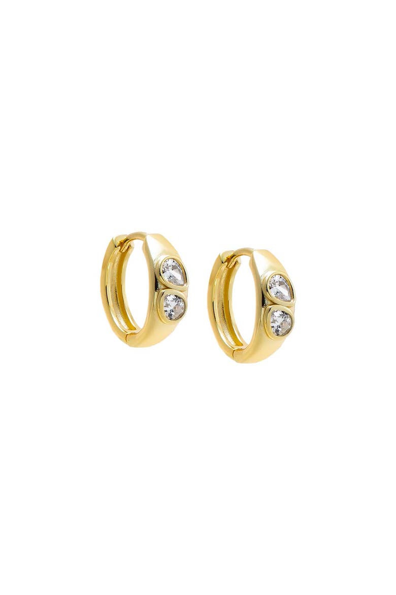 Bezel Set Double Pear Stone Huggie Earring, Main, color, Gold