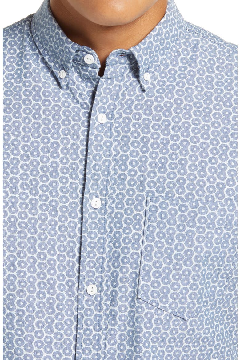 Slim Fit Shibori Geo Print Short Sleeve Button-Down Shirt, Alternate, color, BLUE CHAMBRAY SHIBORI GEO
