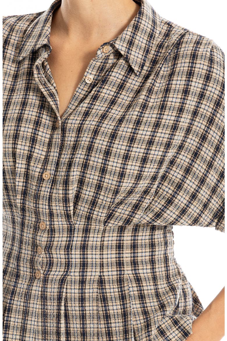 Plaid Pintucked Short Sleeve Shirt, Alternate, color, TAUPE/ BLACK/ BLUE PLAID
