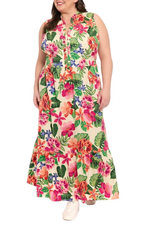 Tropical Ruffle Neck Sleeveless Maxi Sundress (Plus)