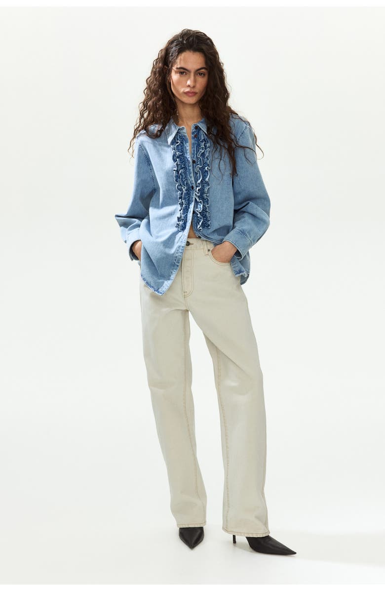 H&M Ruffle-trimmed denim shirt, Main, color, Denim Blue
